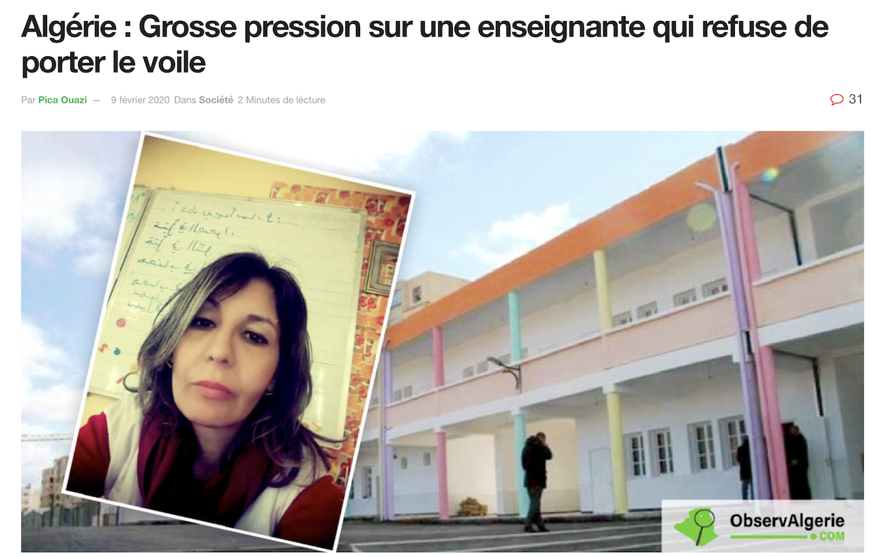 Algérie : la prof refuse de porter le voile ? Blâme, ponction sur salaire, conseil de discipline, mutation…