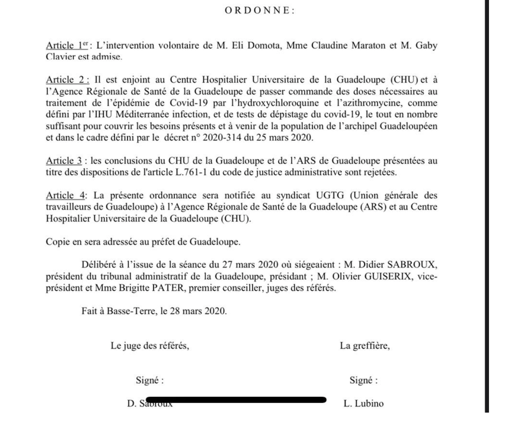 Enorme, le tribunal administratif de Guadeloupe oblige les médecins à donner de la chloroquine aux malades !