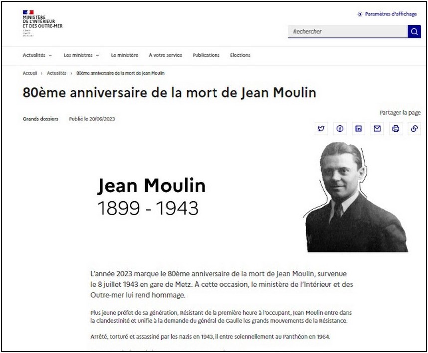 Photo défigurée de Jean Moulin sur le site web du ministère de l'Intérieur