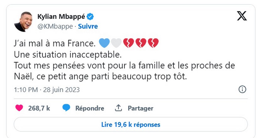 Tweet Mbappé mort Nahel