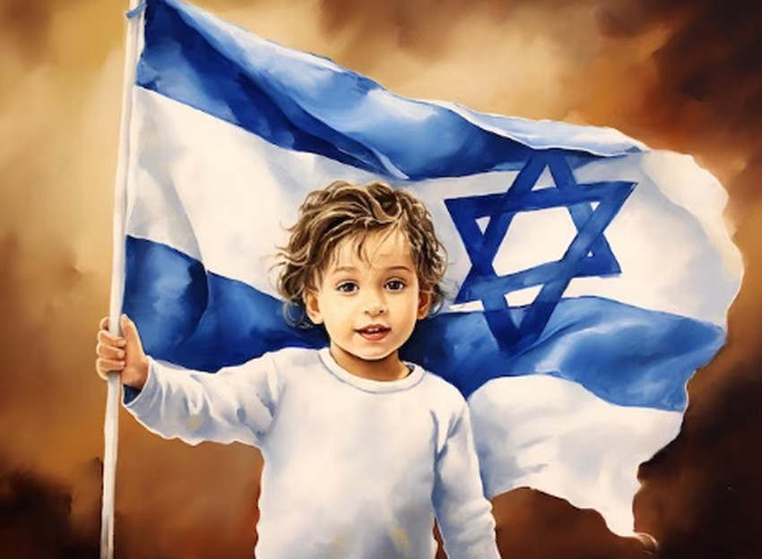 Enfant hissant drapeau israélien